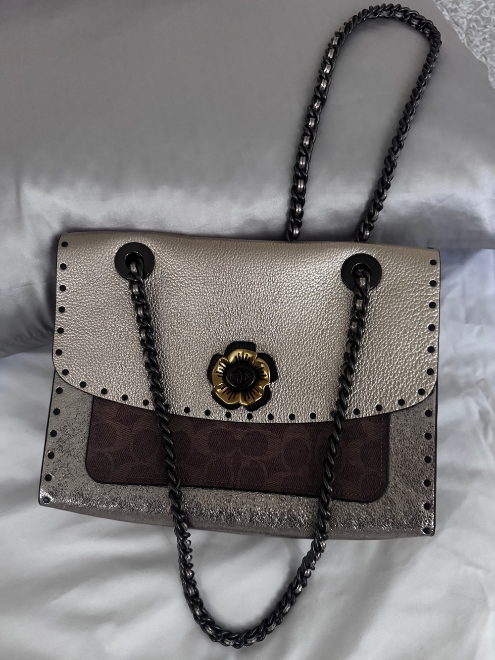 Coach Metallic Silver and Brown Floral Turn-Lock Chain Shoulder Bag